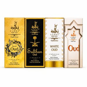 ZAHRA Perfumes Premium Oud Attar Combo Pack of 4 | Sweet Oud, Sulthan Oud, White Oud & Classic Oud | Non-Alcoholic Roll On Perfume | Long Lasting Arabic Attar for Men & Women | 24ml Total