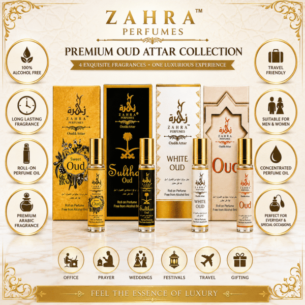 zahra-premium-oud-attar-luxury-lifestyle.webp Zahra Perfumes Premium Oud Attar Combo Pack 4 x 6ml Alcohol-Free Long Lasting Arabic Attar Perfumes
