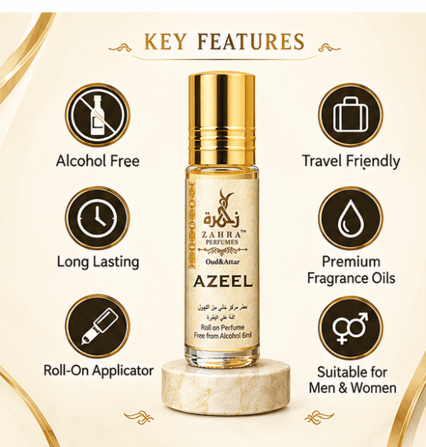 ZAHRA PERFUMES Azeel Roll On Attar Perfume for Men & Women, Alcohol Free Concentrated Perfume Oil, Long Lasting Arabic Fragrance, 6ml