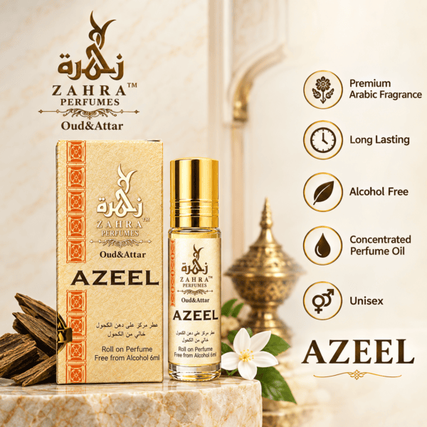 ZAHRA PERFUMES Azeel Roll On Attar Perfume for Men & Women, Alcohol Free Concentrated Perfume Oil, Long Lasting Arabic Fragrance, 6ml